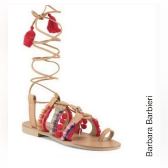 Barbara Barbieri festival boho lace up sandals pom pom beaded US 6.5 - Picture 1 of 5